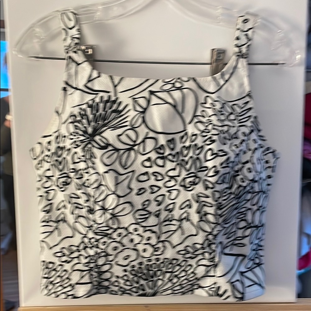 Gerard Darel Black and White Graphic Fitted Crop Tank Top